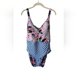 Social Angel Women's Plus One Piece Swimsuit with Floral and Gingham Pattern, 2X